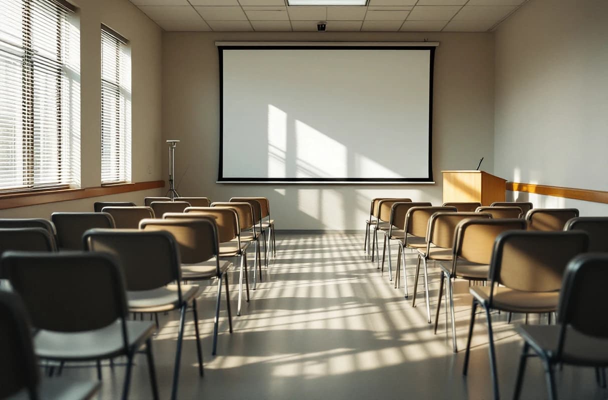 A hospital seminar room with rows of empty stacking chairs facing a lectern, in afternoon light through blinds.