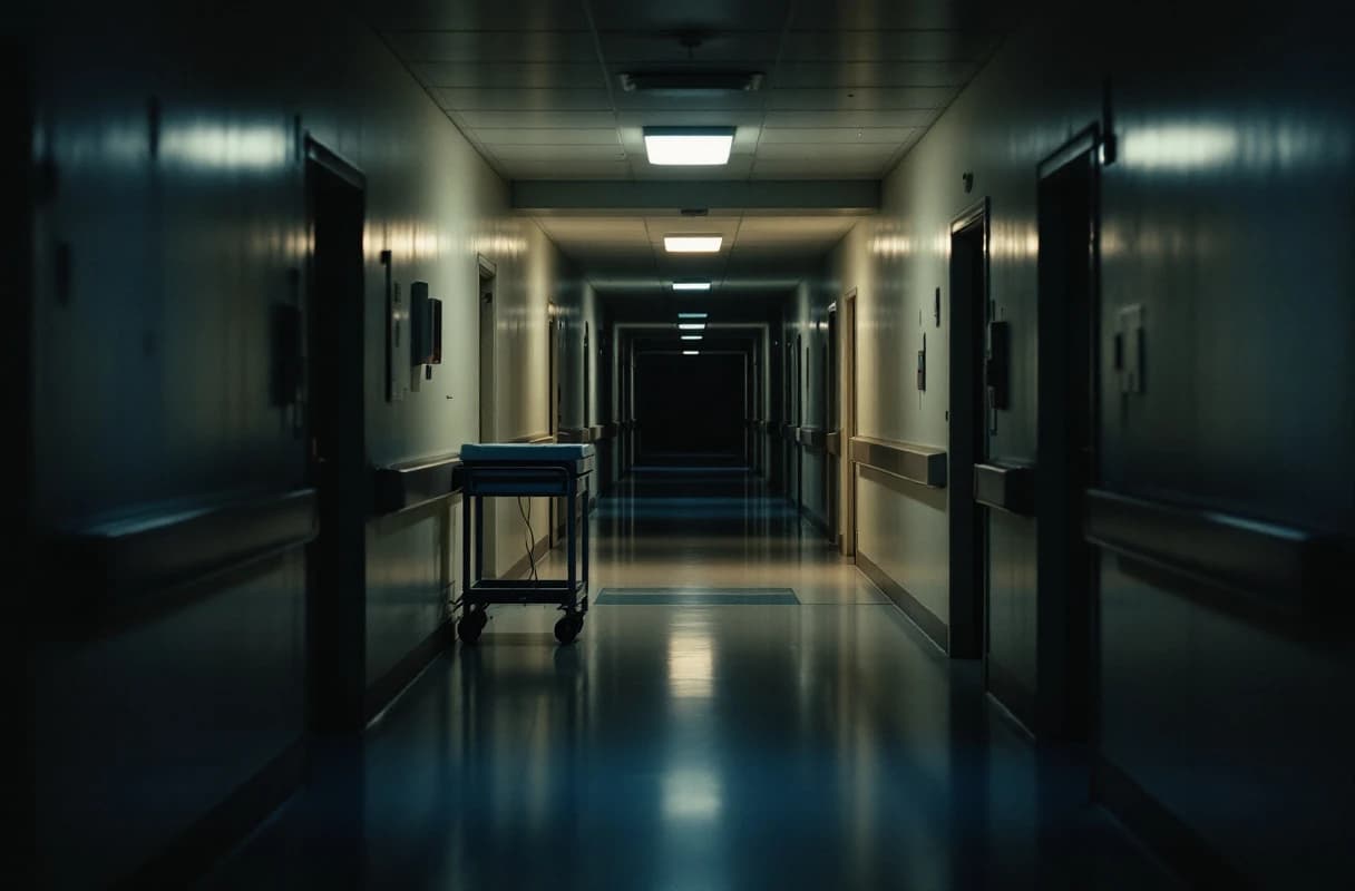 An empty hospital ward corridor at night, lit by low overnight lighting.