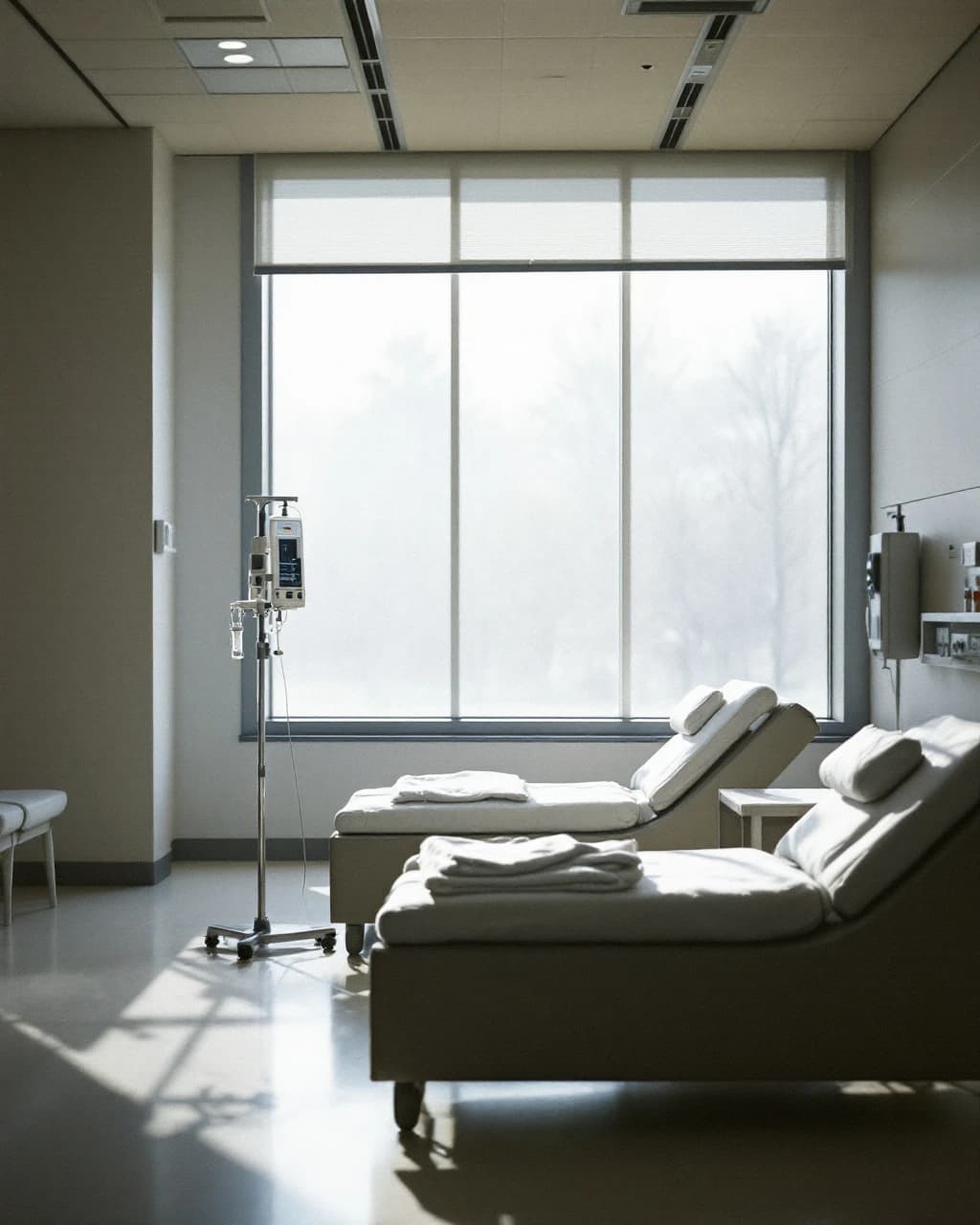 An empty outpatient infusion suite, a row of reclining chairs beside a tall window in morning light.