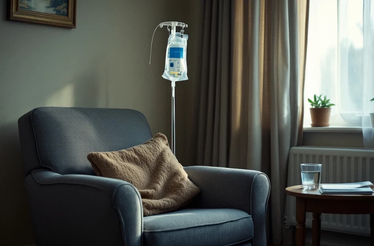 An IV pole and infusion bag standing beside an armchair in a domestic living room.