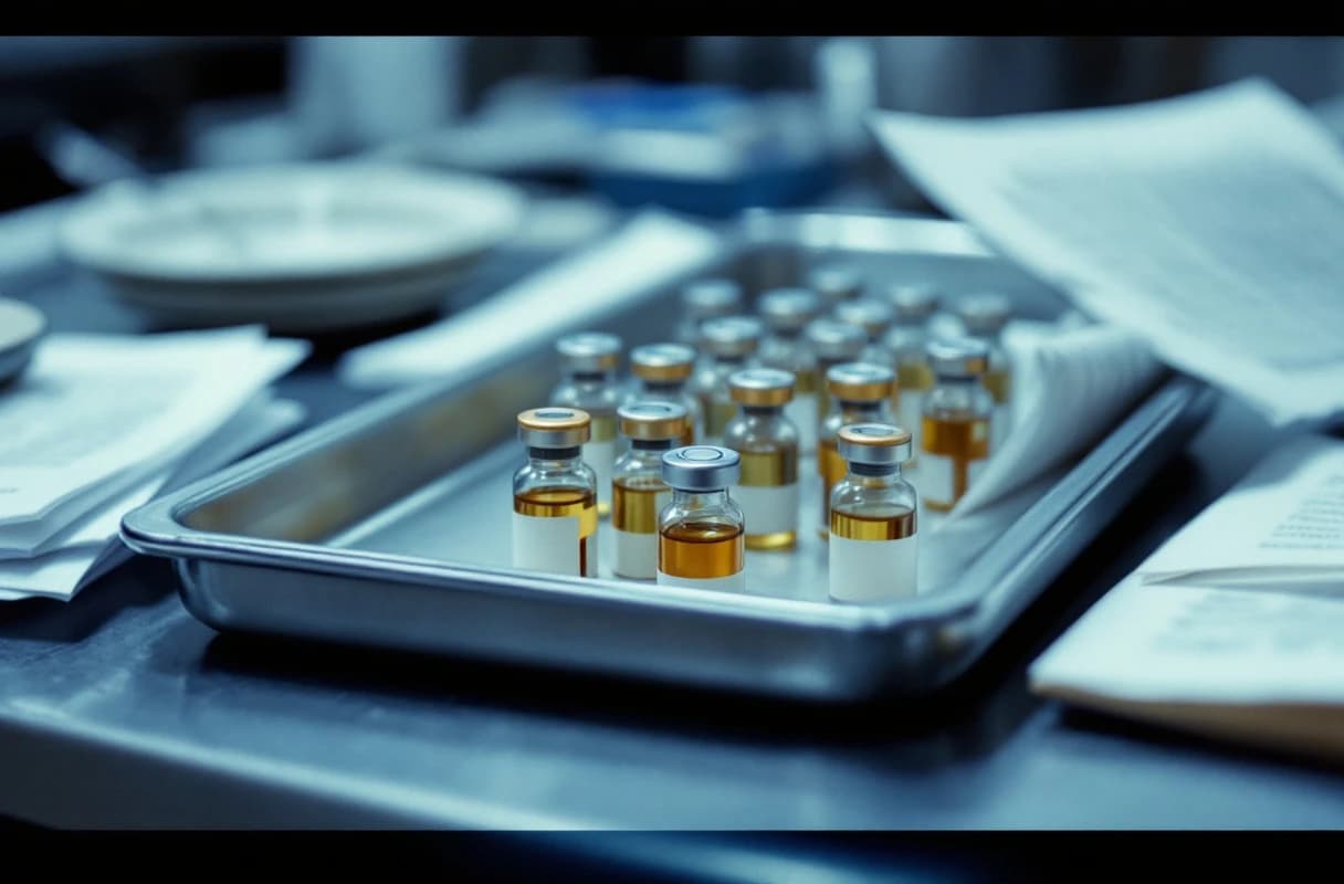 Small glass medication vials arranged on a stainless steel tray beside folded paperwork.