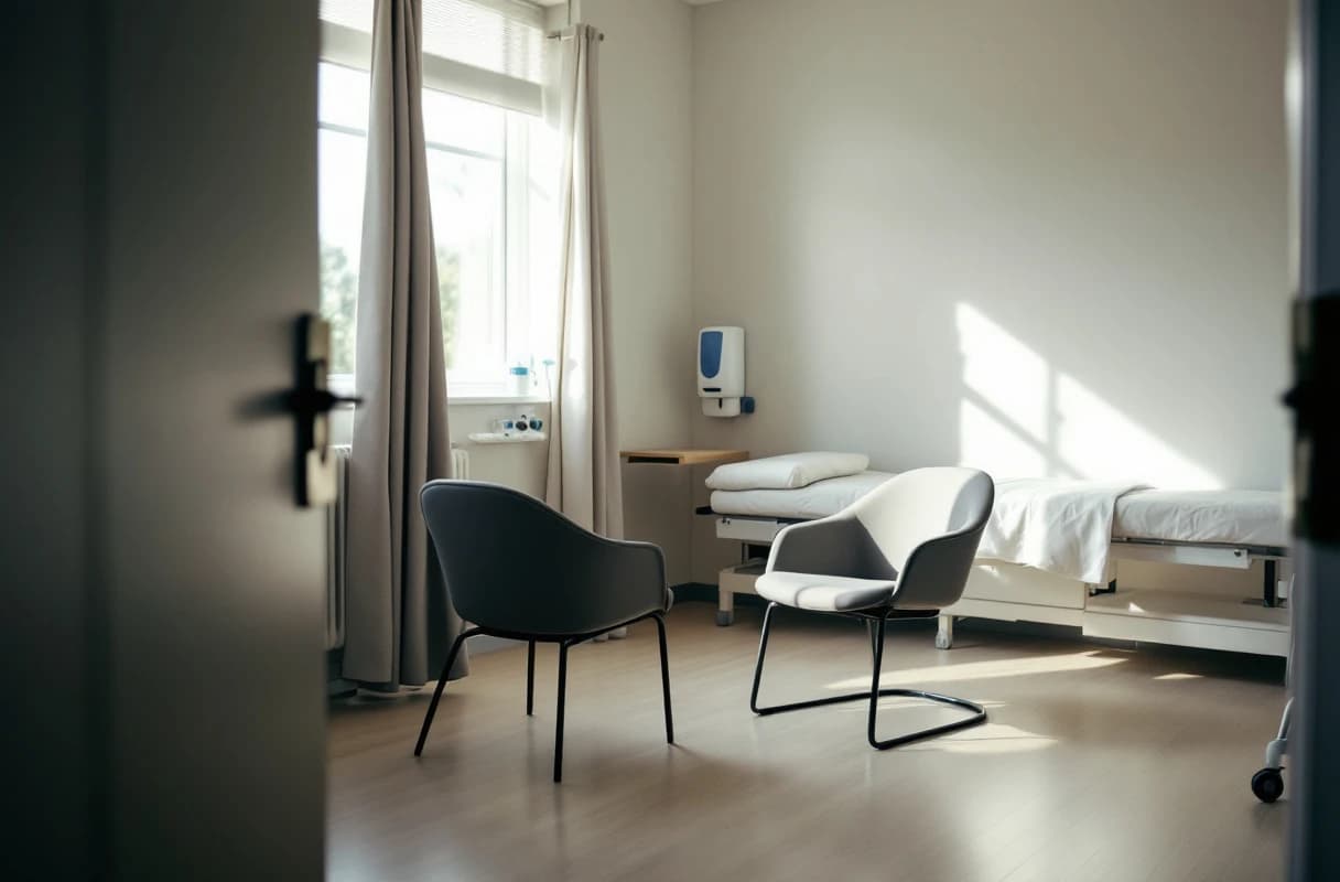 An empty outpatient consultation room with two chairs facing each other across a small desk.