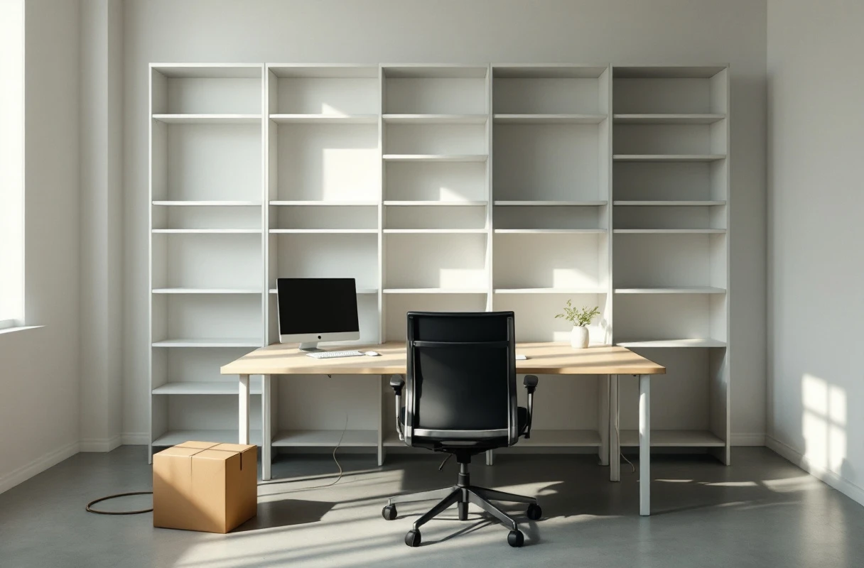 A small practice office with two desks and a wall of empty open shelving, in bright morning light.