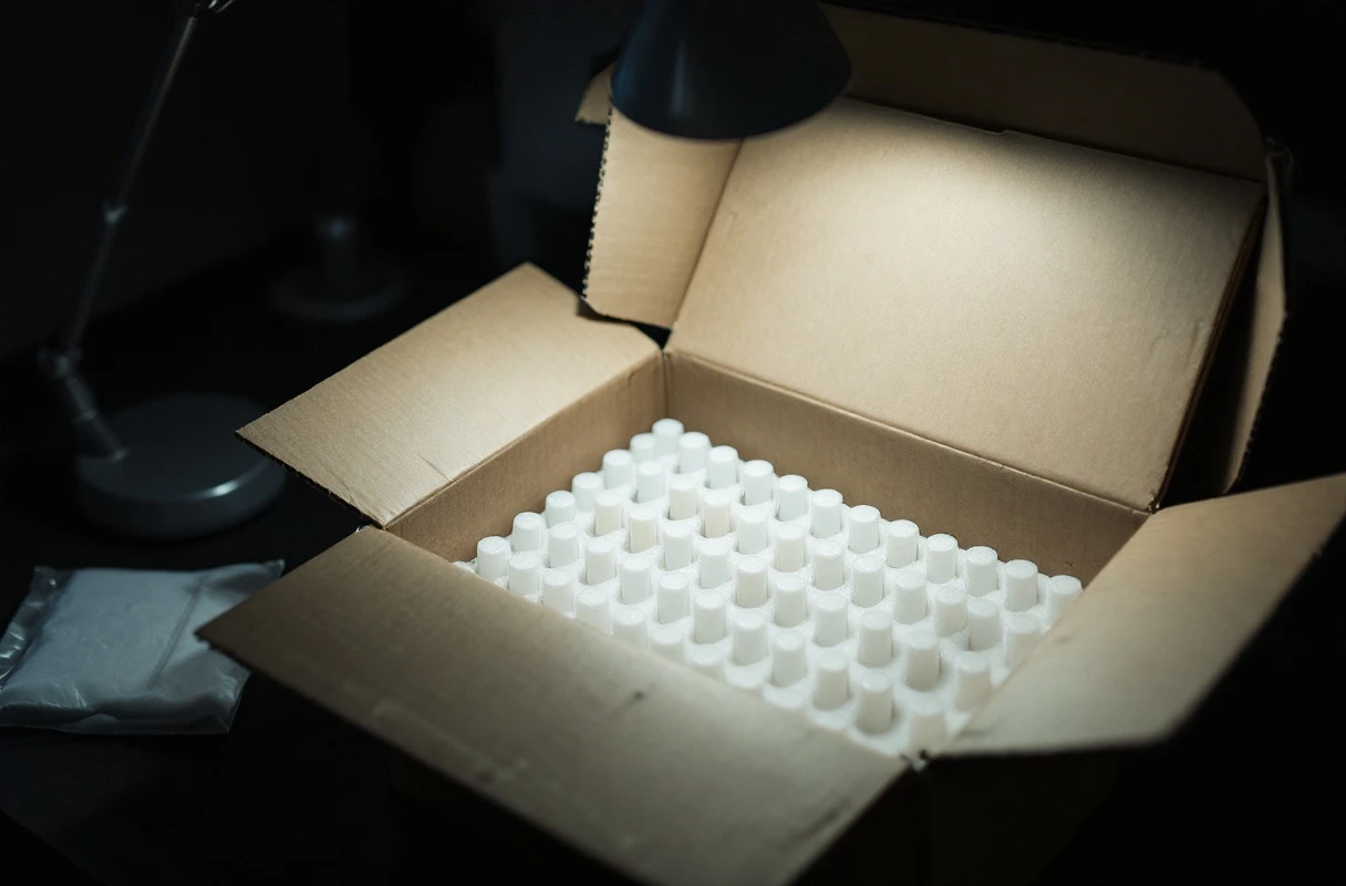 An opened medication shipping carton with a moulded foam insert and empty vial wells, on a dark desk.